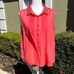 Saddle River Ranch Wear Sleeveless Sheer Coral Button-Up Top